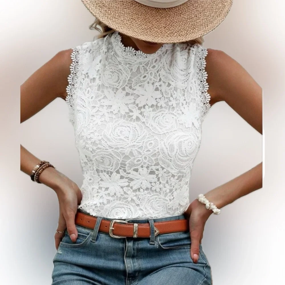 Lace crochet blouse sleeveless top white lined wedding shirt T 4 boho bohemian - Picture 2 of 5